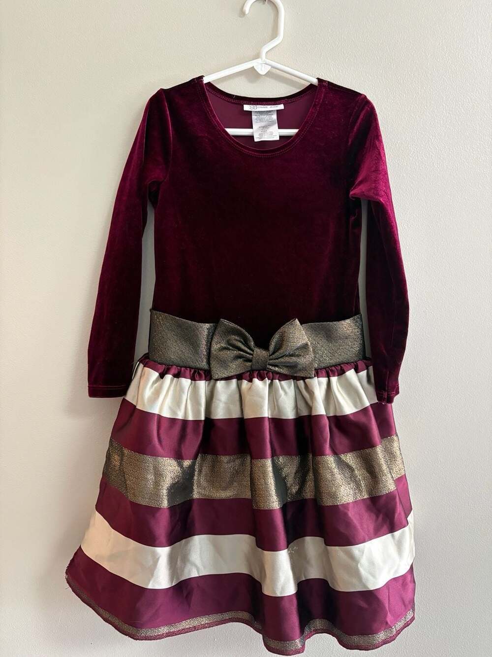 Bonnie Jean Burgundy Velvet and Striped Taffeta Holiday Dress with Gold Waist Bo